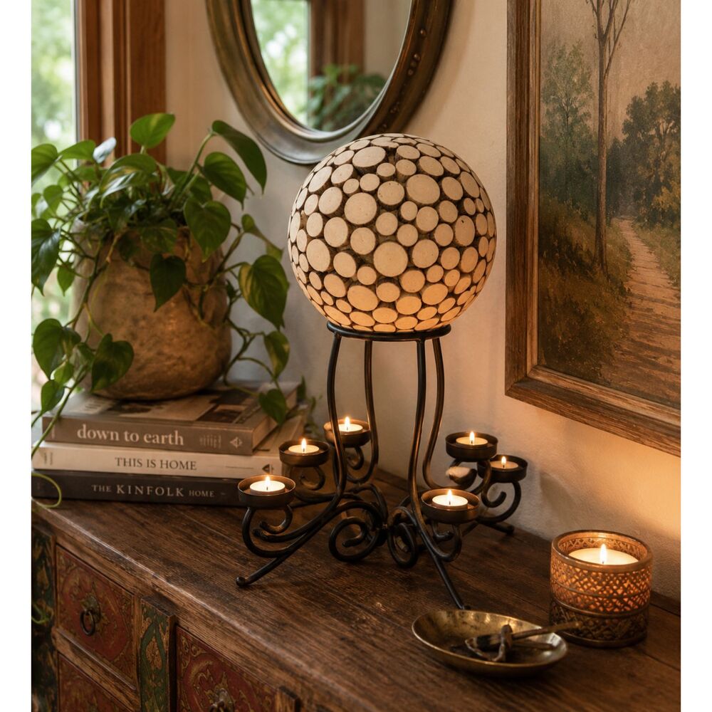 Rustic Wood Candle Holder Sphere | 8 Light Tea Light Centerpiece | Candle Stand